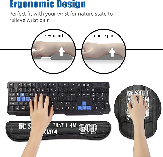 Keyboard Wrist Rest and Mouse Pad Wrist Support Set with Coasters Ergonomic Gaming Mousepad Non-Slip PU Base for Home Office Working Studying Easy Typing &amp Pain Relief - Bible Verse Psalm 46:10