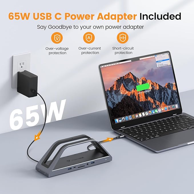 TobenONE 14-in-1 MacBook Pro/Air Docking Station Dual 4K Monitor Laptop Docking Station Stand for MacBook M1/M2/M3/M4/M5 Driver-Based USB C Dock with 65W Power Adapter 2 HDMIVGA 5Gbps USB RJ45