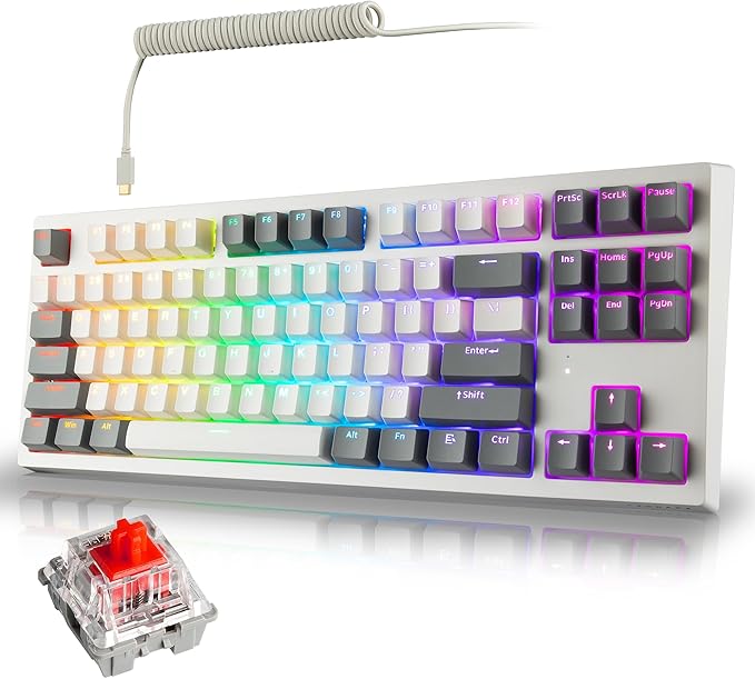 TECWARE Phantom+ Elite 87 Mechanical Gaming Keyboard | RGB LED Backlit | Hot Swappable Wraith Red Switches | 87 Key TKL Layout | Thocky Sound Profile | Tri-Mode Wireless Bluetooth/2.4GHz | White