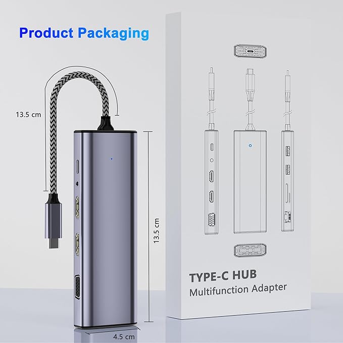 Docking Station Dual Monitor USB C to Dual HDMI Adapter 10 in 1 Laptop Docking Station 3 Monitors with HDMI/VGA/PD/Ethernet/USB/SD/TF/3.5mm Audio