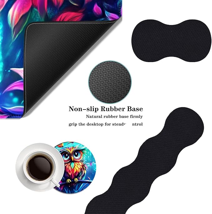 Mouse PadLarge Desk Mat Set 4in1 XL Mousepad + Keyboard Wrist Rest+Mouse Wrist Rest+Coaster with Ergonomic Desk Pad for Home Office Table Computer Cover -Owl Flowers Dragonflies