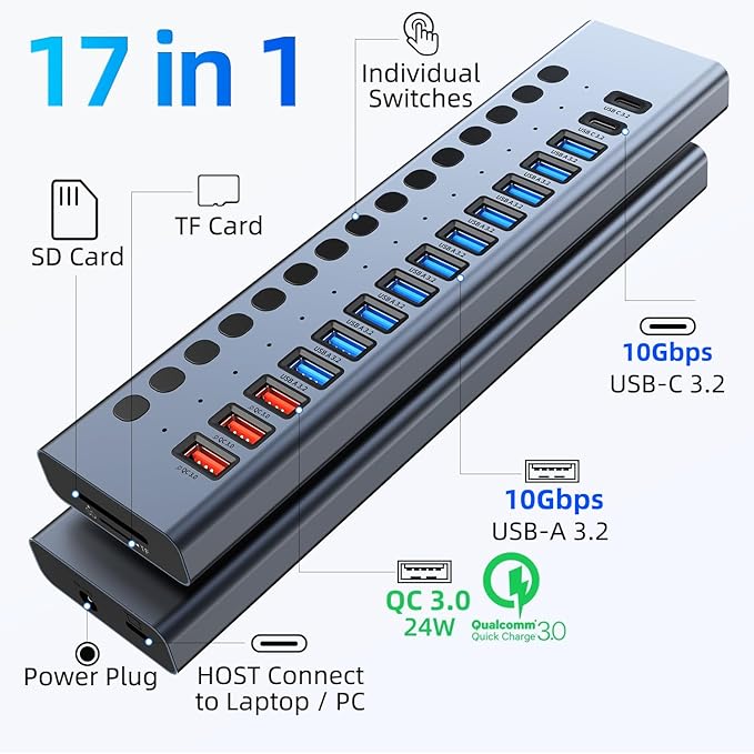 Powered USB Hub 10Gbps 17 Ports 96W USB 3.2 Hub(10 USB-A 3.2 Ports+3 QC 24W Fast Charging Ports+2 USB-C 3.2 Ports+SD/TF Card Reader) 12V/8A Power Adapter for Laptop PC Computer HDDFlash Drive