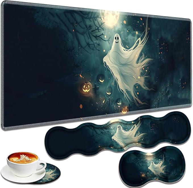 Large Gaming Mouse Pad + Keyboard Wrist Rest + Wrist Support + Coaster Set Memory Foam Ergonomic for Easy Typing XXL Extended Gaming Mouse Pad Table Pad - Halloween Ghost