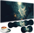 Large Gaming Mouse Pad + Keyboard Wrist Rest + Wrist Support + Coaster Set Memory Foam Ergonomic for Easy Typing XXL Extended Gaming Mouse Pad Table Pad - Halloween Ghost