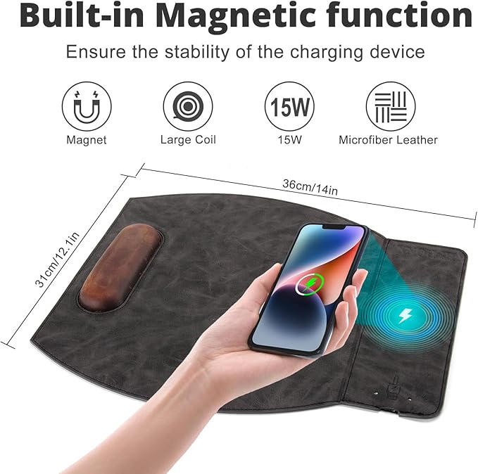 Magnetic Wireless Charging Mouse Pad with Ergonomic Design Mousepad with Wrist Support Foldable Mousepad with Wrist Rest for Computer Laptop Office &amp Home 14 x 12.1 in Grey