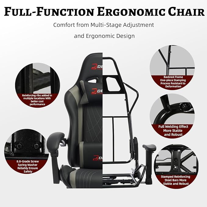 Ergonomic Gaming Chair with Footrest and Lumbar Massage Racing Office Chair High Back Computer Desk Chair with Headrest Pillow for Adults Video Game Chair for PC Gamer (1001-Gray)