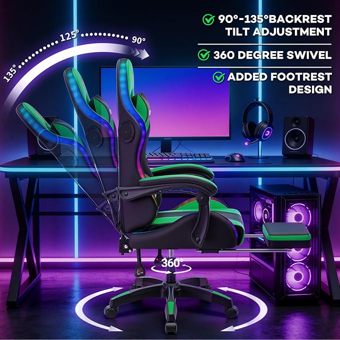 HOFFREE RGB Gaming Chair with Rhythm LED Lights and Speakers Massage Computer Chair with Footrest Music Video Game Chair High Back with Lumbar Support Green