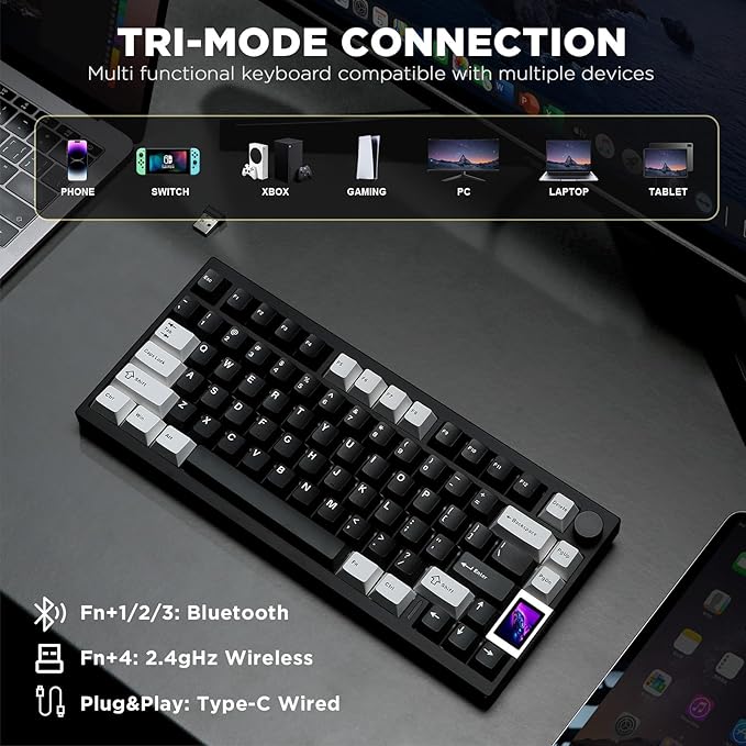 YUNZII AL80 Wireless Mechanical KeyboardFull Aluminum CNC Smart LCD DisplayHot Swappable Gasket Mount 75% Layout with KnobBT/2.4G/USB-CQMK/VIA Support for Win/Mac (Black Gateron Zero Switch)