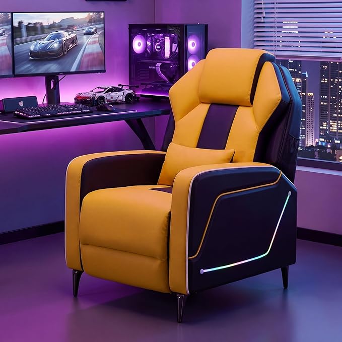 TUNYI Gaming Recliner Chair Racing Style Push-Back Reclining Sofa with Colorful LED Ergonomic Home Theater Seating Video Game Sofa for Gaming Room Living Room (Yellow)