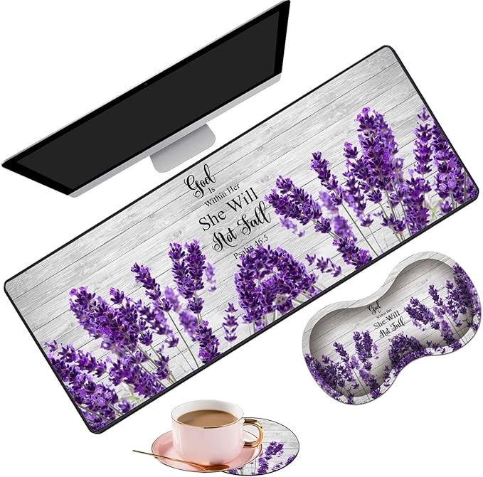 Large Gaming Mouse Pad 31.5x11.8 Inch Keyboard Pad + Ergonomic Wrist Rest Pad and Coaster with Non-Slip 3-Piece Desk Supplies Set Bible Psalm 46:5 Lavender Design for Gamers/Office/Study