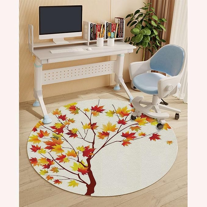 Orange White PU Leather Office Chair Mat for Hardwood and Tile Floor Watercolors Fall Autumn Tree Branches Heavy Duty Floor Mats for Computer Desk Easy Glide for Chairs Fall Image Diameter 39.4 in