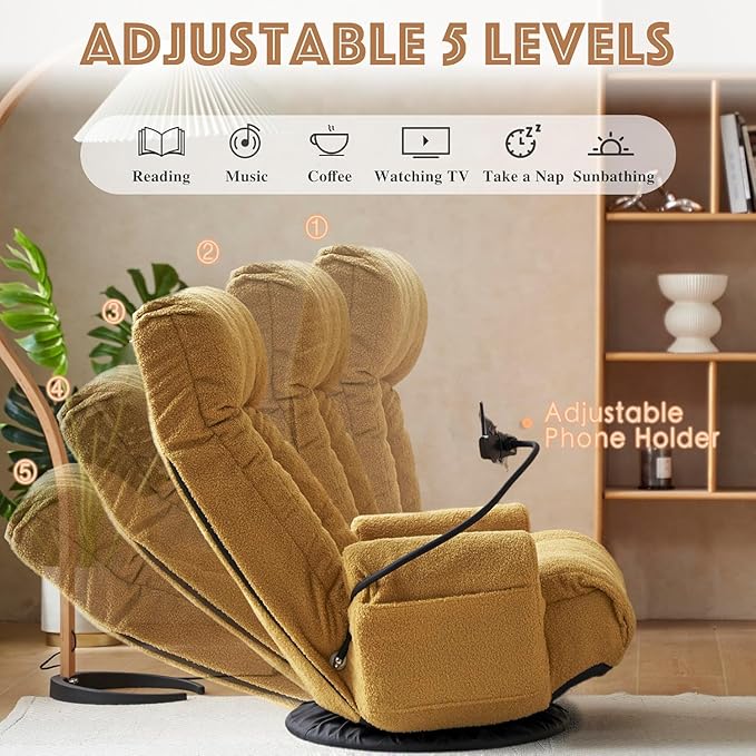 360 Swivel Gaming Chair - Folding Floor Sofa with Armrests &amp Phone Holder 5 Position Adjustable Chaise Lounge for Home &amp Living Room (Yellow)