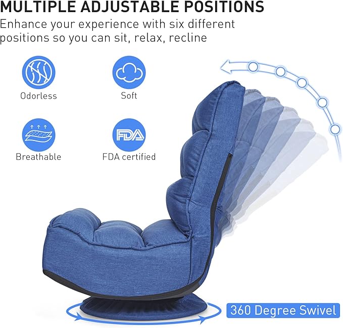 ERGOMASTER Reclining Folding Floor Gaming Chair for Home Office and Lounging Reading w/ 360-Degree Swivel 5 Adjustable Positions Tufted Cushions （Blue）