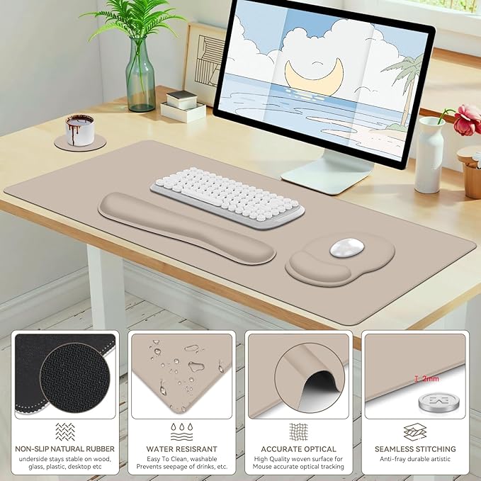 4 PCS Mouse Pad Desk Mat Protector Keyboard Wrist Rest + Comfortable Mouse Pad Wrist Rest +Coaster Large Gaming Mousepad for Computer Laptop 35.4X 15.7 Deskpad for Office Home I Apricot