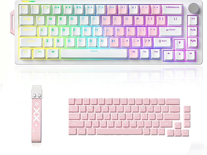 68% Wired Gaming Keyboard with Volume Knob RGB Backlit Mechanical Keyboard Gasket Mount with PBT Keycaps8000 Hz Polling Rate Hall Effect Cream Switches Hot-Swap for FPS Games (White+Pink)