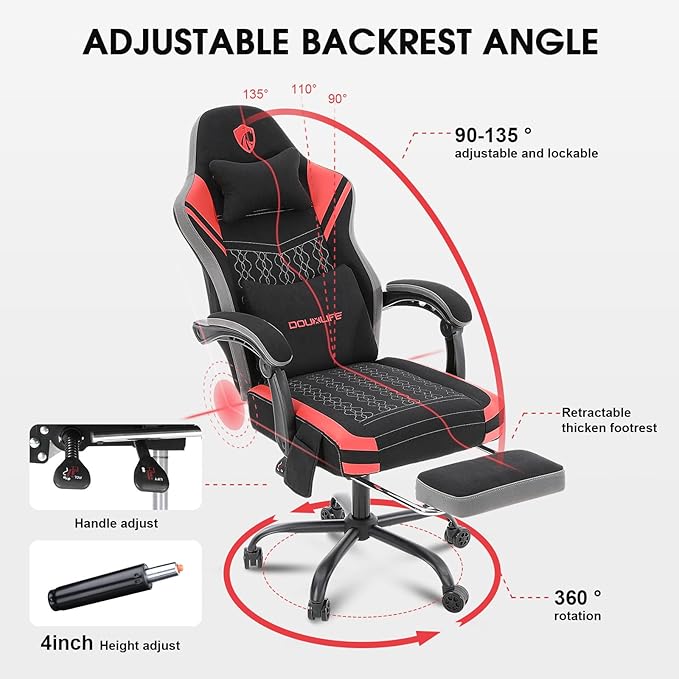 Gaming Chair Tech Fabric Computer Chair with Massage Office Chair with Pocket Spring Widened Cushion High Back Ergonomic Chair with Footrest Lumbar Support Upgraded Metal Legs 350LBS (Red)