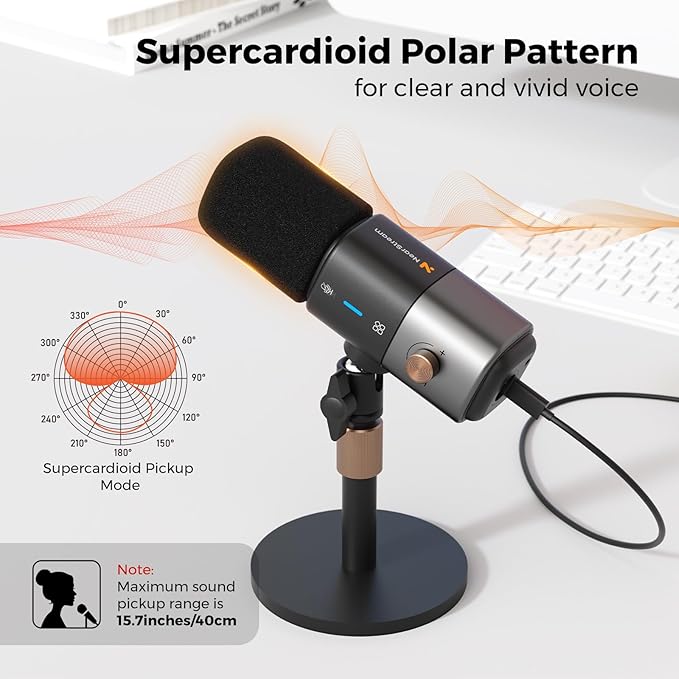 NearStream AM25X Gen2 XLR/USB Condenser Microphone with Noise Canceling/Volume Control/Headphone Jack/Mute Podcast Microphone for PC/Audio Mixer Desktop Mic for Stream/Podcast/Gaming/Music Record