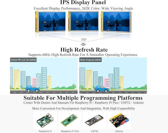 3.5inch Resistive Touch Display Compatible with Pi 5/4B/3B+/3B/Pico W/Pico 2W/ ESP32 IPS LCD Screen 320×480 Resolution 262K Color Pigo Pin Header and GH1.25 11PIN Cable Two Connection Ways