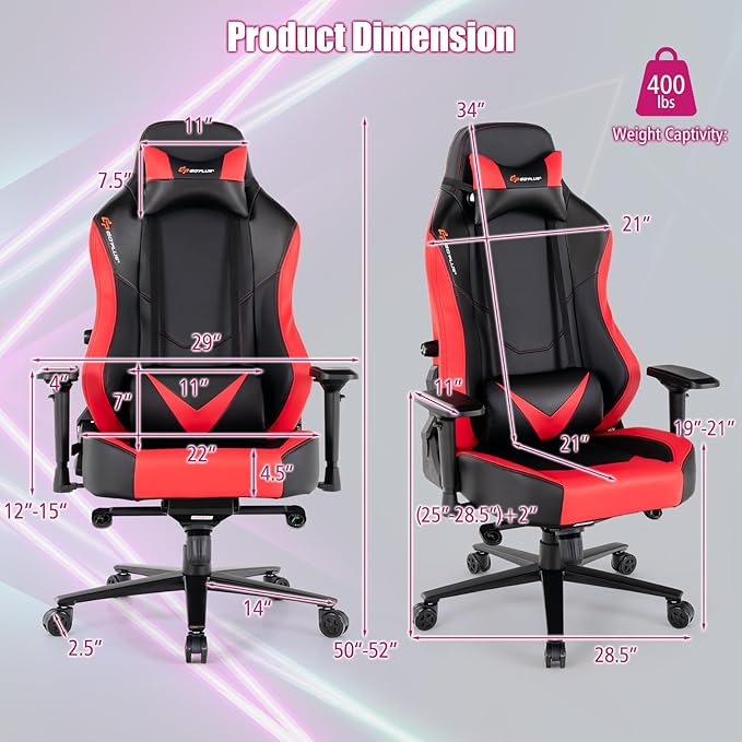 Goplus Gaming Chair 360° Swivel Computer Chair with Casters Multi-Angle Reclining Tension Control 4D Armrest Headrest Gas Lift Height Adjustable Game Chair for Office Bedroom Red