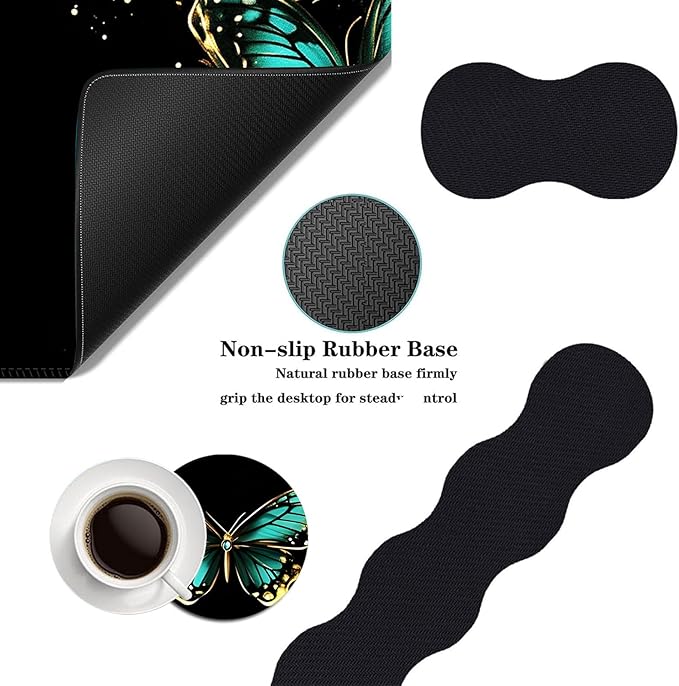 Mouse PadLarge Desk Mat Set 4in1 XL Mousepad + Keyboard Wrist Rest+Mouse Wrist Rest+Coaster with Ergonomic Desk Pad for Home Office Table Computer Cover -Golden Turquoise Butterfly