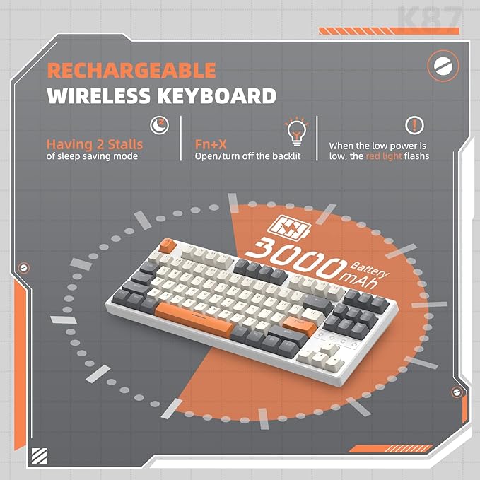ZIYOU LANG K87 TKL Hot Swappable Wireless Mechanical Gaming Keyboard with Custom Coiled USB C Cable Triple Mode 2.4Ghz/Bluetooth 5.0/Wired Red Switches 20 RGB Backlit 3000mAh Battery for PC Laptop