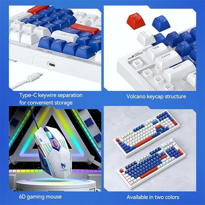 Docooler Gaming Keyboard Gaming Keyboard and Mouse Combo 98-Key Wired Mechanical Keyboard with Backlight 6D Gaming Mouse Support Adjustable Movement Speed - Blue&ampWhite