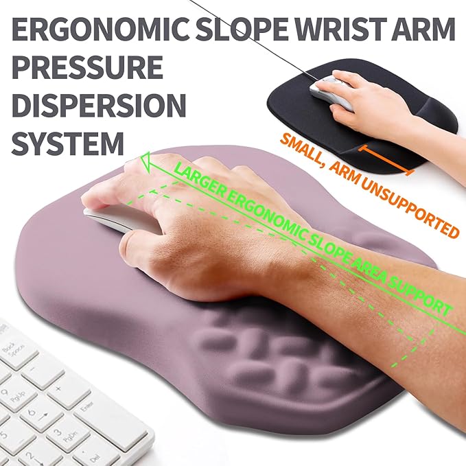 Ergonomic Slope Mouse Pad Wrist Support Wrist Rest Mousepad for Carpal Tunnel Pain Relief with Massage Bulge and Slow Rebound Memory Foam (12x8 inch Purple)