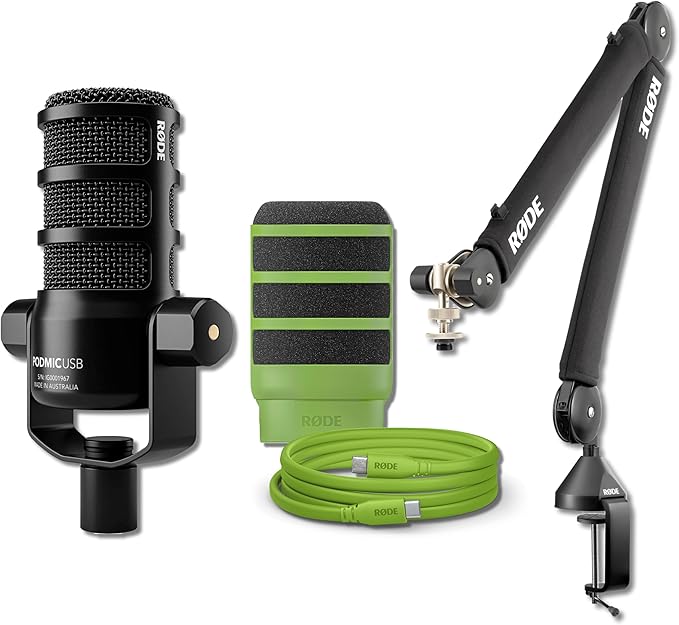 Rode PodMic USB Dynamic Broadcast Microphone with Rode PSA1+ Broadcast Microphone Boom Arm XLR Cable Green SC27 USB-C to USB-C Cable and Green WS14 Pop Filter