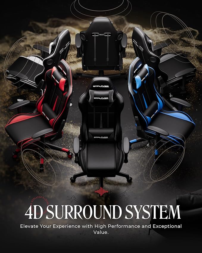 GTPLAYER Gaming Chair with Speakers Video Game Chairs with Footrest PC Game Chairs for Adults - Padded High Back Ergonomic Reclining Silla Linkage Armrest 909MF Black-Red