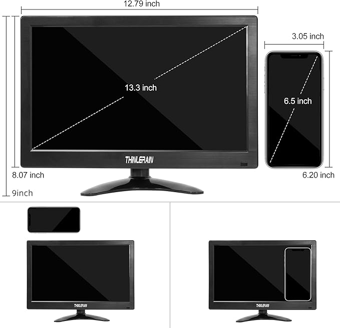 13.3 inch Small PC Monitor 1366x768 Mini LED Monitor with HDMI VGA AV BNC USB Intput for Fire Stick Computer Xbox Ras pi Built-in Speaker