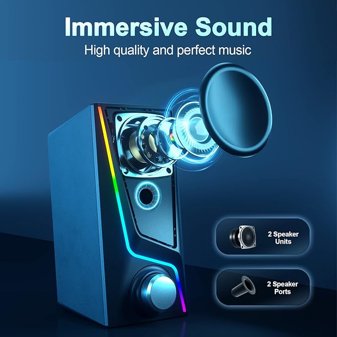 Nylavee Computer Speakers PC Speakers with 6 Lighting Modes USB Powered Computer Speakers for Desktop PC with 2 Bass-Boost Ports 2 Speaker Units and 3.5mm Aux-in for PC Laptop Monitor Gaming
