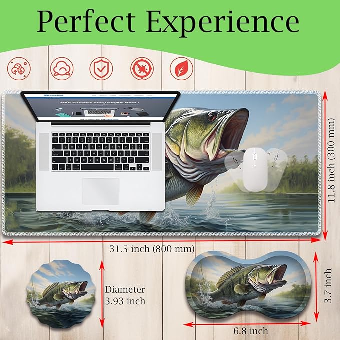 Mouse Pad Set Large Gaming Mouse Pad (31.5X 11.8 inches)+ Wrist Rest Pad + Coaster Ergonomic Wrist pad Home Office Desk Accessories Decor Supplies Large Mouth Bass Fish