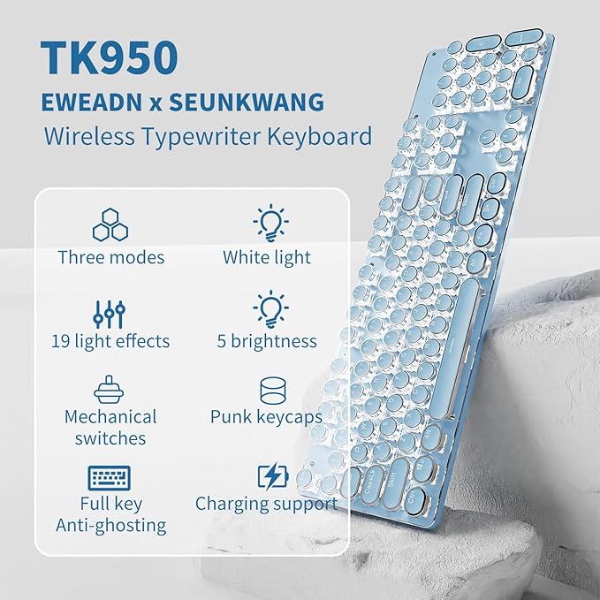 EWEADN TK950 Typewriter Keyboard Wireless Mechanical Keyboard 104 Keys Aesthetic Typewriter Keyboards with White Backlit Anti-Ghosting Blue Switch Bluetooth/2.4GHz/Wired Keyboards-Blue