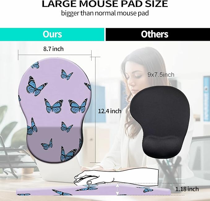 Mouse Pad with Wrist Support Gel Cute Purple Butterfly Pattern Design Ergonomic Gaming Mousepad with Wrist Rest for Laptop Computer Home Office Working Mouse Mat + A Cute Coffee Pad