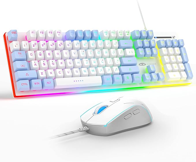 MageGee GT838 Gaming Keyboard and Mouse Combo 104 Keys RGB Backlit Quiet Wired Keyboards for Laptop PC MAC with Number Pad Metal Panel Anti-Ghosting White Blue