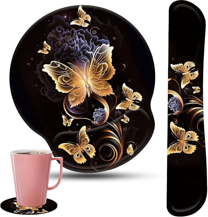 Keyboard Wrist Rest and Mouse Pad Wrist Support Set with Coffee Coaster Non-Slip PU Base for Gaming and Office Comfortable &amp Lightweight for Easy Typing &amp Pain ReliefGold Butterfly