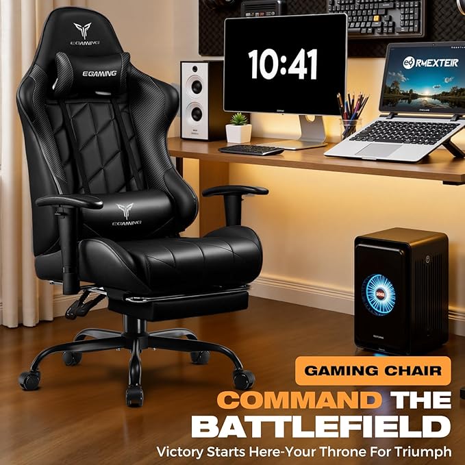 Gaming Chair with Footrest Ergonomic High-Back PU Leather Computer Chair with 3D Adjustable Armrests Headrest and Lumbar Support Office Desk Chair with Diamond Stitching for Adults &amp Teen