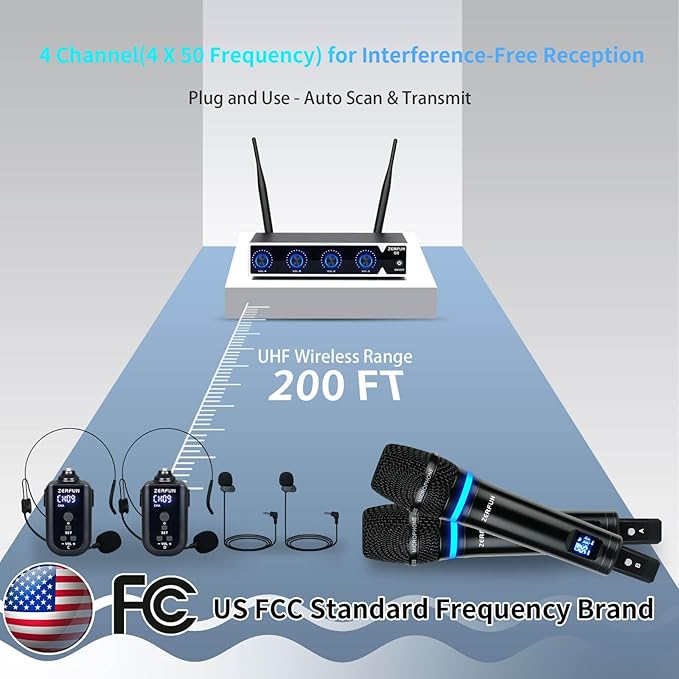 Rechargeable Wireless Microphone System 4 Channel Pro UHF Metal Handheld Headset Lavalier Lapel Mics Cordless for Church Karaoke Singing with Volume Control 4x50 Frequency(G8)