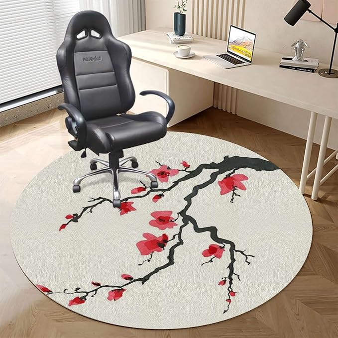 Cinnamon Red PU Leather Computer Chair Mat for Rolling Chair Simplistic Cherry Blossom Under Desk Low-Pile Office Rug Large Anti-Slip Multi-Purpose Japanese Diameter 59 in