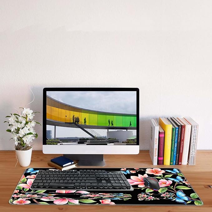 Keyboard Mouse Pad SetLarge Desk Pad+Keyboard Wrist Rest+Mouse Wrist Support+CoasterEasy Typing Pain Relief Non-Slip Wrist Support Mousepad Set Home OfficeHummingbird Blossom