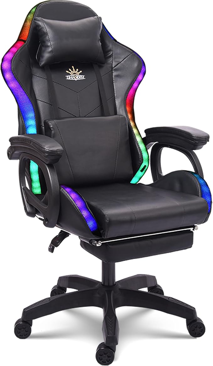 Video Gaming Chair with Speakers and RGB Lights Ergonomic Chair with Seven-Point Massage Function Computer Chair with Footrest and Lumbar Support Gaming Chairs for AdultsBlack