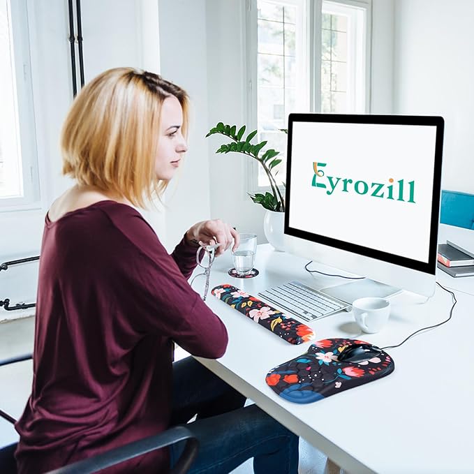 EYROZILL 3 in 1 Ergonomic Mouse Pad and Keyboard Wrist Rest Cute Mouse Pad with Wrist Support Massage Design Non-Slip Wrist Pad for Mouse Desk Mouse Set(Flower)