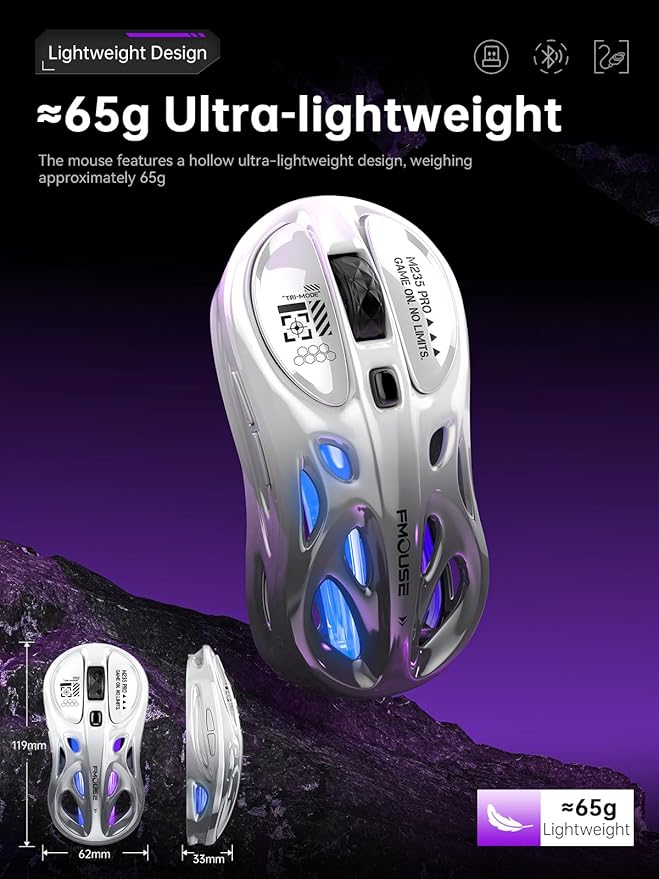 Wireless Gaming Mouse Tri-Mode 2.4G/USB-C/Bluetooth Mouse 800-4800 DPI Ergonomic Optical Mouse Gamer RGB &amp 6 Programmable Buttons 65g Rechargeable for PC/Mac/Laptop
