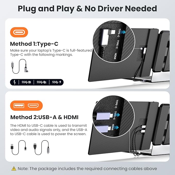 Laptop Screen Extender 14-inch 1080P FHD Portable Monitor Type-C/HDMI/USB-A Plug &amp Play Laptop Monitor Extender fits Laptops with Screen up to 15.35 Wide Compatible with Windows Mac Chrome