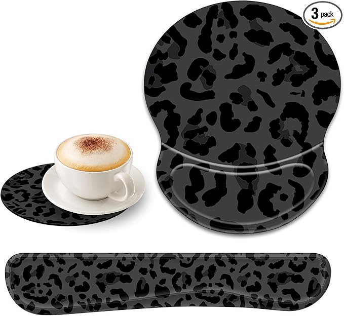 Ergonomic Gel Mouse Wrist Rest Pad and Keyboard Pad SetAnti-Slip PU Bottom Easy Typing and Relieve Wrist Pain with Cute Coaster Set (3-Black Leopard Print)