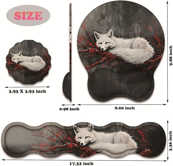 3 in 1 Keyboard Wrist Rest + Mouse Pad and Coaster Ergonomic Gel Mouse Pad and Keyboard Pad Set Comfortable Lightweight for Easy Typing Pain Relie Fox and Red Branch