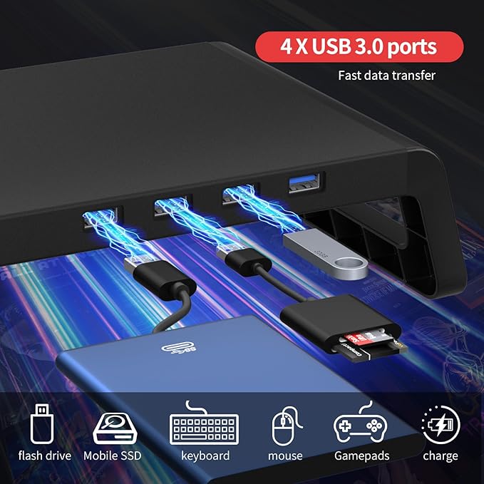 Monitor Stand Riser for Desk 4 USB 3.0 Hub Desk Monitor Riser Laptop Riser Stand20.6*6.8Inch (USB 3.0 Balck)