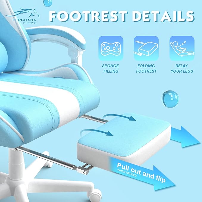 Ferghana Kawaii Light Blue Gaming Chair with Bunny Ears Ergonomic Cute Gamer Chair with Footrest and Massage Racing Reclining Leather Computer Game Chair 250lbs for Girls Adults Teens Kids