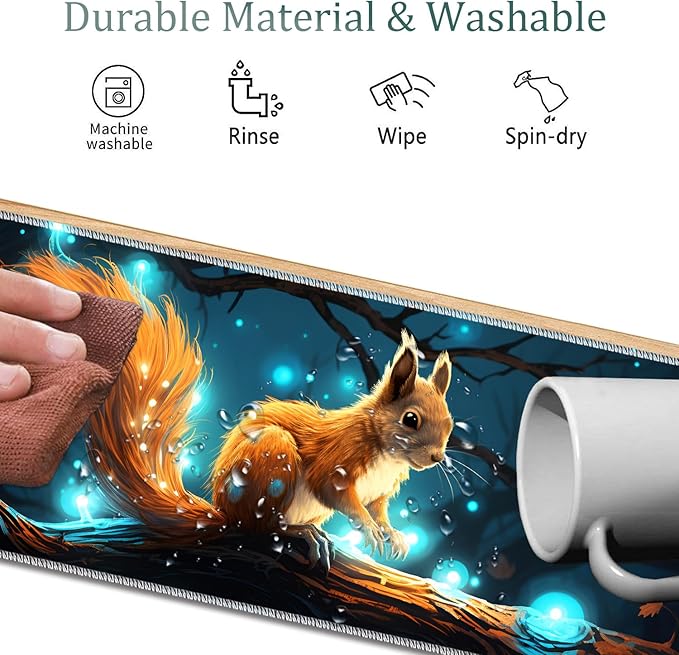 4 in 1 Mouse Pad Combo Large Gaming Mouse Pad + Keyboard Wrist Support + Mouse Wrist Rest + Coaster Table Pad 31.5 x 11.8 with Memory Foam Ergonomic Wrist Pad Set Glowing Squirrel