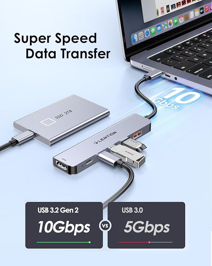 LENTION 6-in-1 USB C Hub 10Gbps USB 3.2 Gen 2 High Speed Hub with 4K HDMI 100W PD Charging 2 USB-C &amp 2 USB-A Ports Multiport Adapter for MacBook Pro/Air/Neo iPad Pro/Air iPhone (CE37Grey)